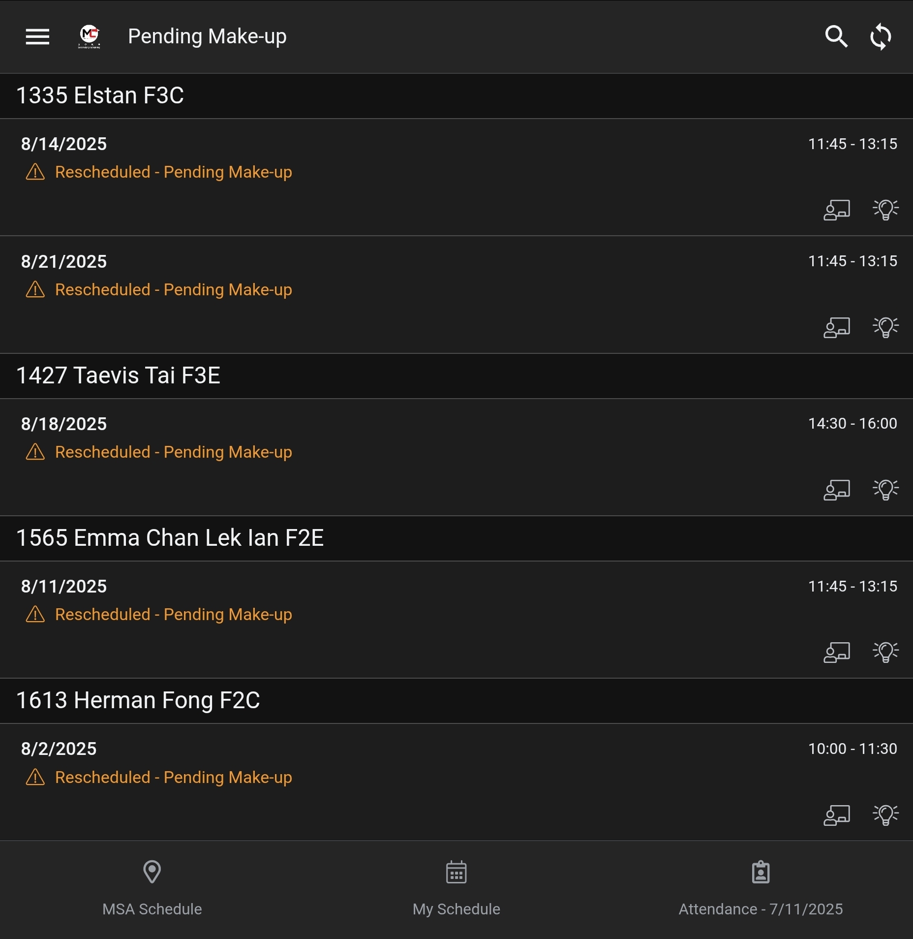 List of Sessions Pending a Make-up Class