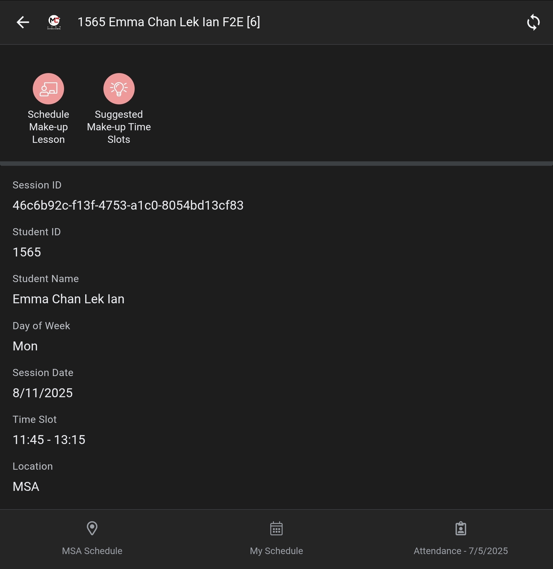 Session Detail View with Reschedule Actions