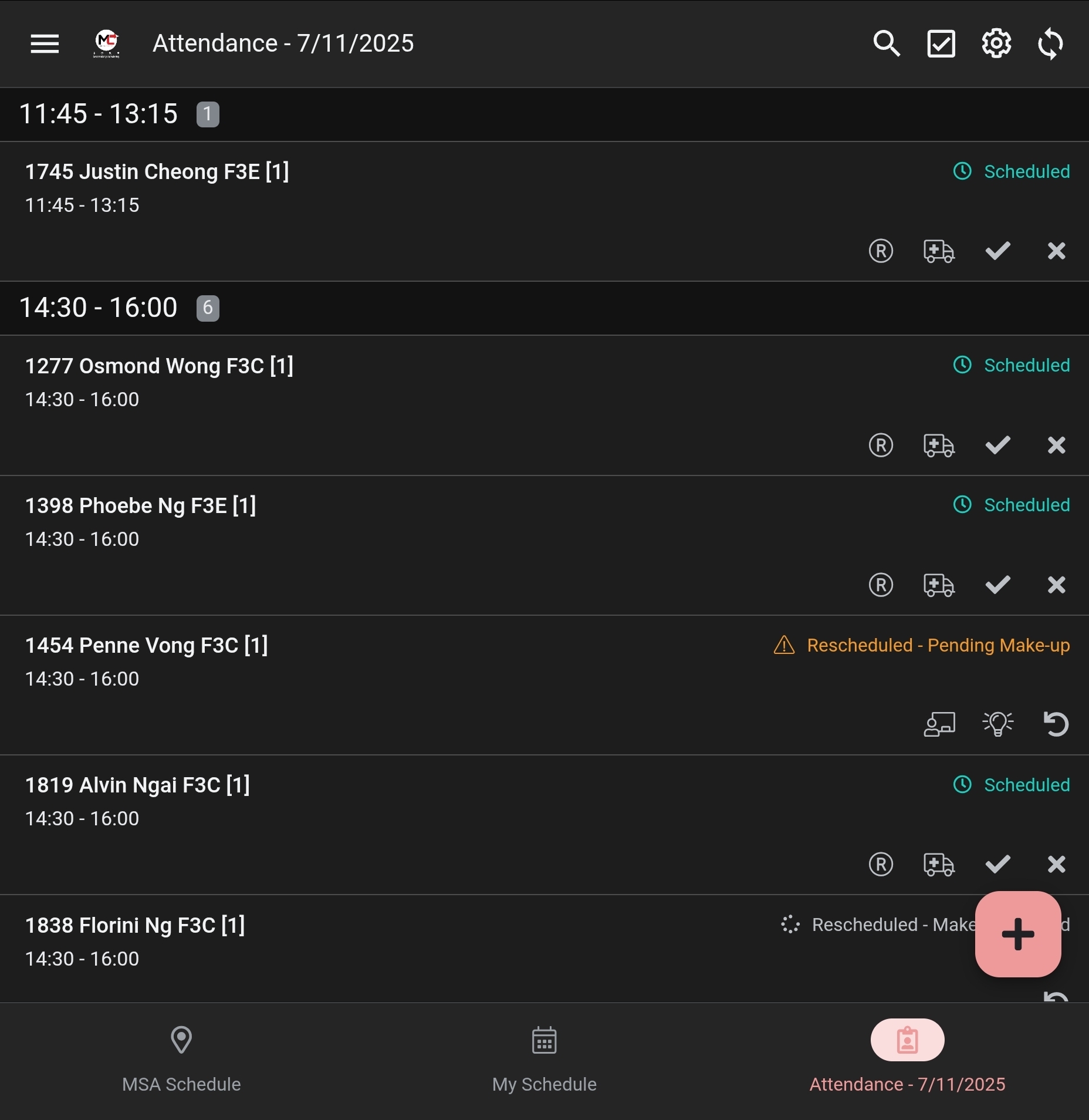 Daily Attendance View with Action Buttons