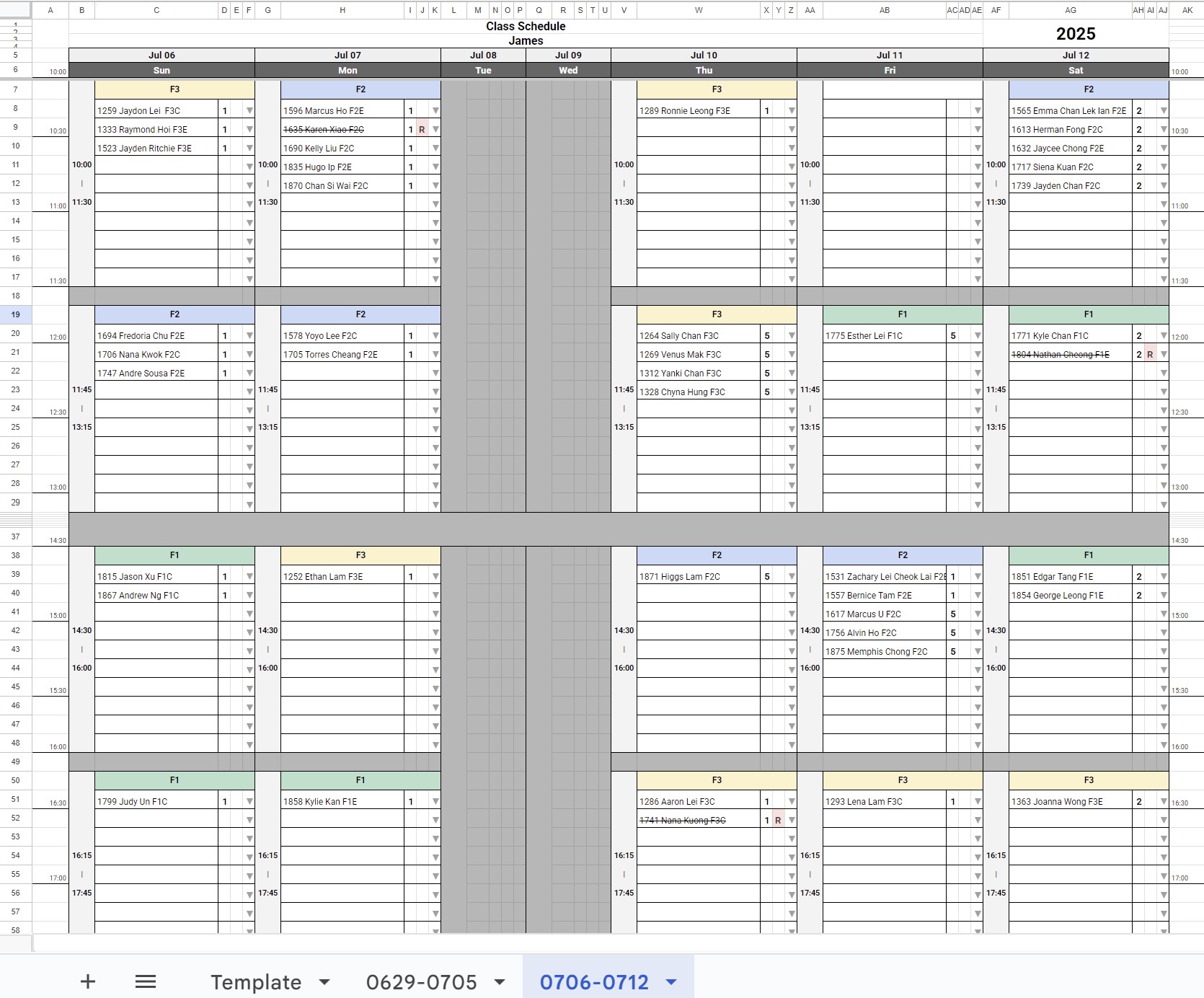 Example of a Final Generated Tutor Schedule in Google Sheets